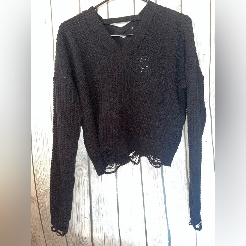 NWT Black Distressed Loose Thread V-Neck Women Sweater
